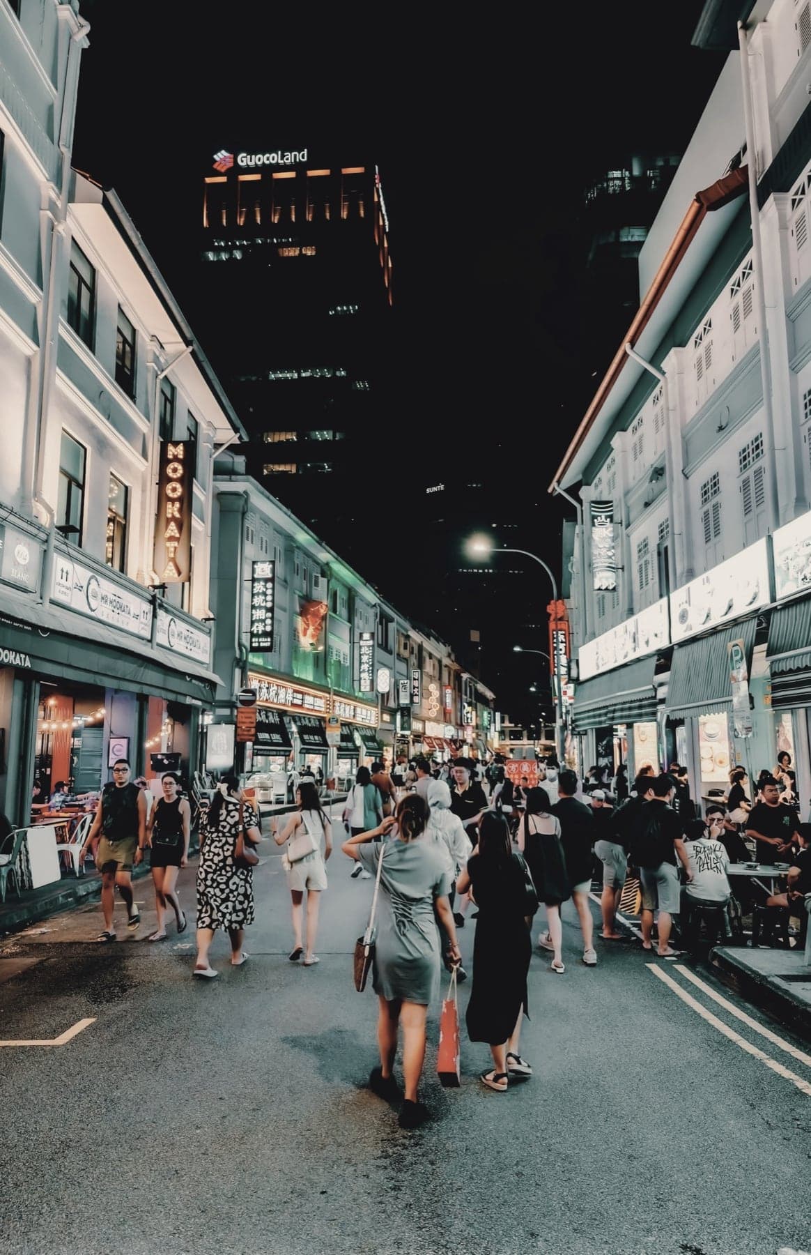 Singapore shophouses lit up at night